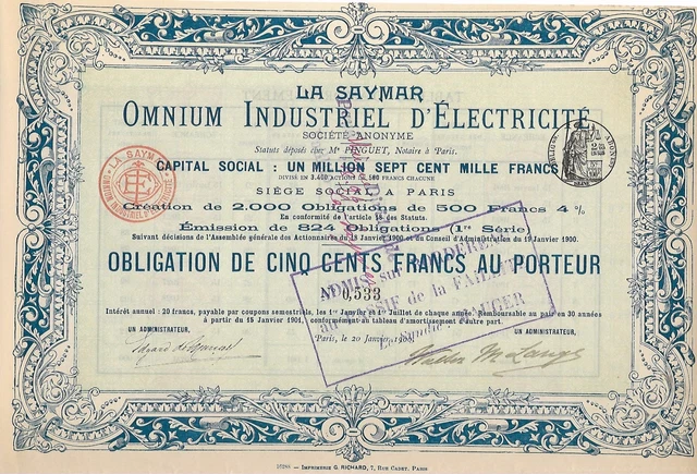 LA SAYMAR OMNIUM Industriale Alimentazione Obbligo Da 500 Frs 1900 EUR ...