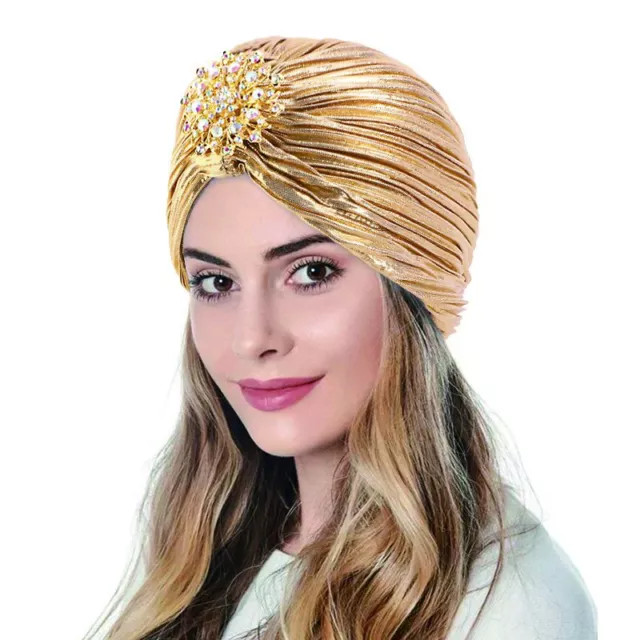 Turban Hat Gold Silver Diamond Jewelry Style Hijab Pleated Chemo Bandana Fashion