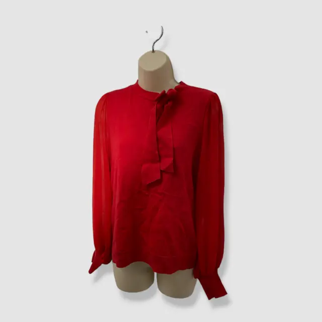 $79 Cece Women's Red Bow Neck Mixed-Media Long-Sleeve Sweater Top Size S