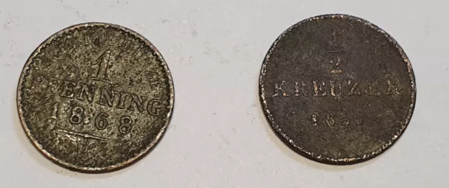 (1) Medaillen /Münzen  1 Pfennig 1886/  1x 1/2 Kreuzer1856