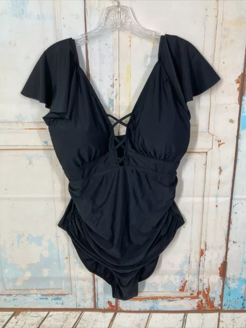 Women's Black Ruffle One Piece Fashion Swimsuit Size 2XL V Neck Beach Cruise