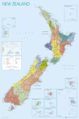 (LAMINATED) MAP Of New Zealand POSTER (61x91cm) Nz Wall Chart Picture Print New