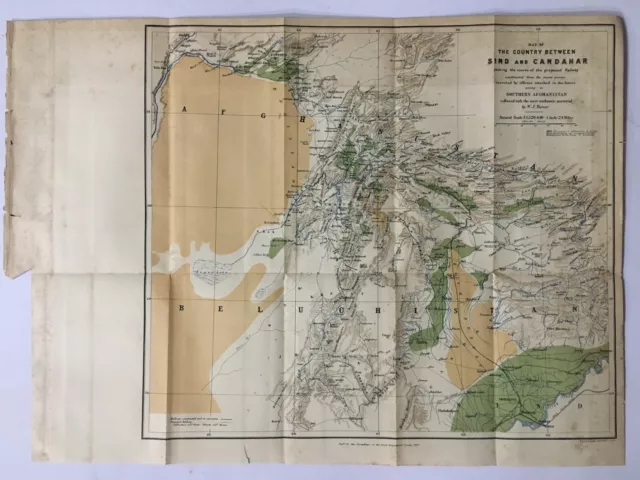 1880 Map of The Country between Sind and Candahar PROPOSED RAILWAY. 15in x 1