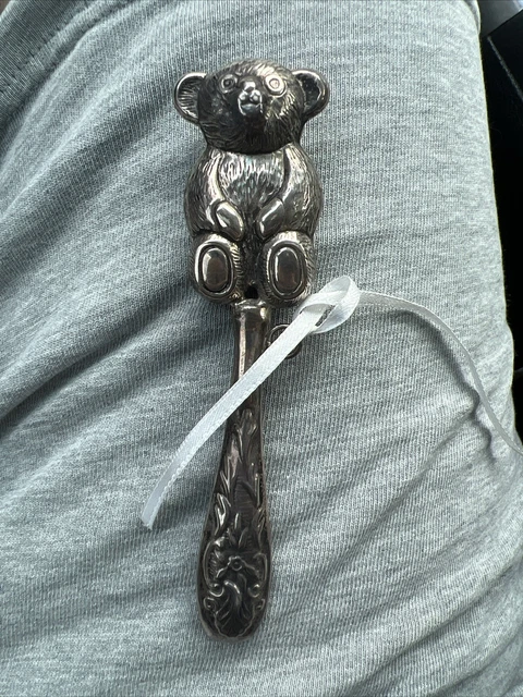 Topazio Teddy Bear Sterling Silver Baby Rattle Stick / Teether - 925