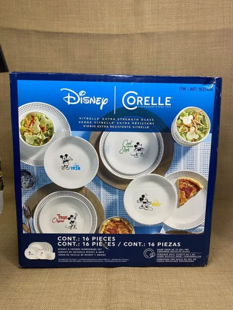 Disney Corelle Vitrelle Extra Strength Glass "15" pc Dinner Set Mickey Mouse NIB