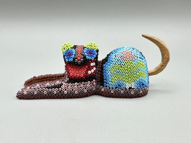 Huichol Beaded Art Cat Figurine Handmade Mexican Folk Art Kitty Kitten Sculpture