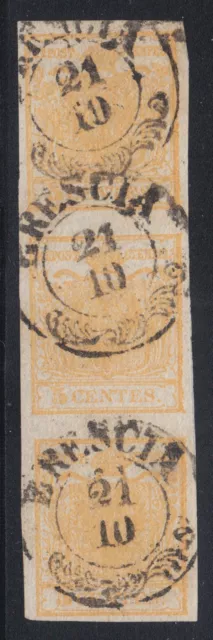 Lombardy-Venetia Sc 1b used. 1850 5c yellow strip of 3, BRESCIA cancels, signed