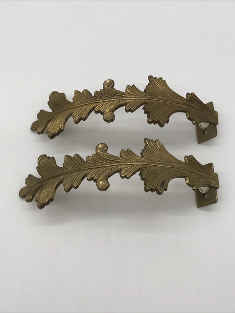 Vintage Brass Curtain Tie Back Holder Set Of 2 Ornate Leaf Design 7.5”x2”
