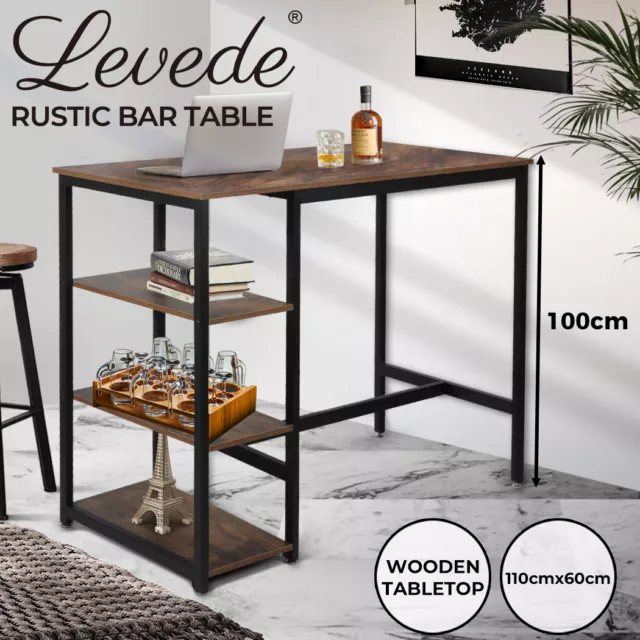 Levede High Bar Table Pub Industrial Storage Shelf Rustic Brown Kitchen 110X60CM