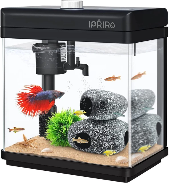Aquarium Starter Kits, Self Cleaning Small Nano Fish Tank, with Rock Cave Decora