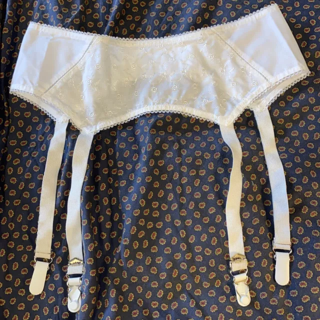 Vintage NOS Garter Belt suspenders Metal Clips White floral embroidered Sz 28