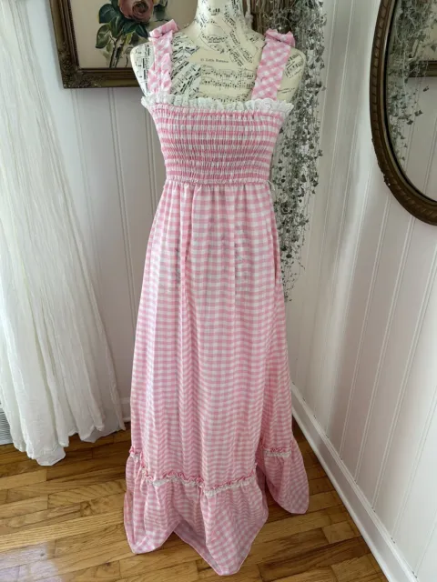 Vtg Candi Jones Maxi Sundress Dress Summer Prairie Pink Checkered Gingham 1960
