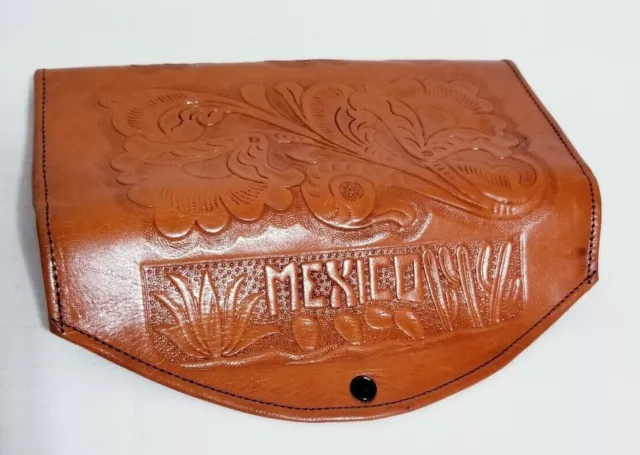 Mexican Hand Tooled Flowers Embossed Tan Leather Trifold Large Wallet  Clutch