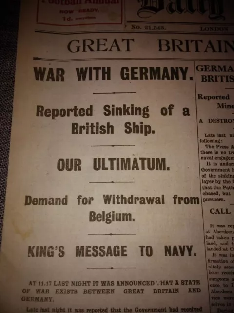 1914 Zeitung Erster Weltkrieg Antik II Großbritannien erklärt Deutschland den Krieg 1. Weltkrieg Altes UK 2
