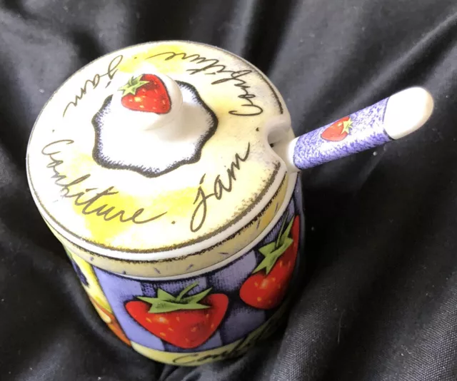 'Joie de Vivre' MSC jam/confiture pot with strawberry/cherries pattern & spoon