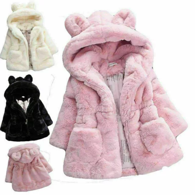Kids Girls Faux Fur Fleece Bunny Ears Coat Winter Warm Hooded Jacket Outwear Top