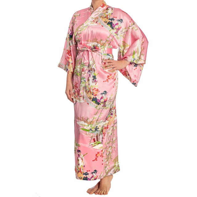 Silk Ukiyoe Print Long Pink Japanese Kimono