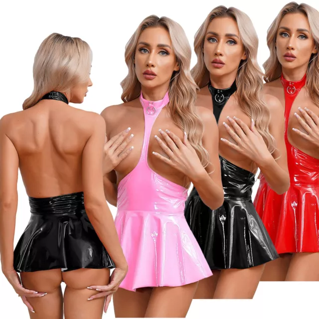 UK Women's Wet Look Leather Ruffled Mini Dress Latex Backless Club Party Dress