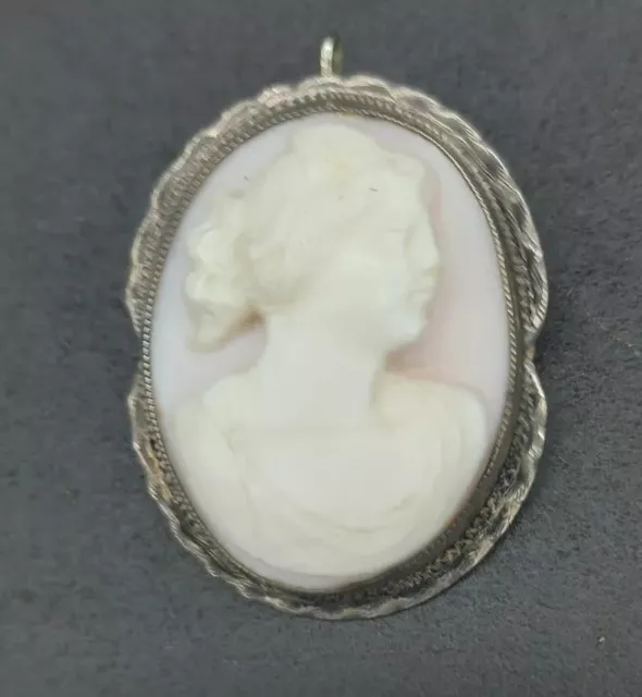 1  1/2" Antique Sterling Silver Carved Shell Woman Bust Cameo Brooch Pin Pendant