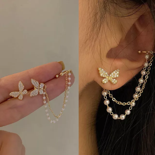 1Pair Elegant Cute Rhinestone Butterfly Ear Studs Tassel Earrings Jewelry Gifts