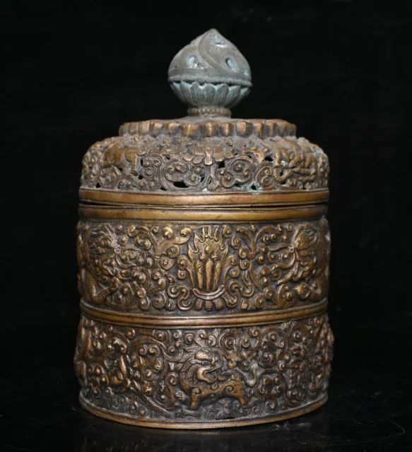7.6" Old Chinese Copper Bronze Dynasty Dragon Kylin Beast Incense Burner Censer