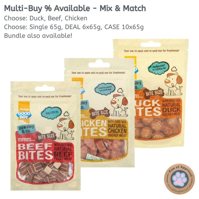 Good Boy Dog Chicken Beef Duck Meat Bites Mini Training Treats Meaty Snacks 65g