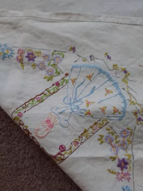 Vintage Hand Embroidered Crinoline Lady Tablecloth 3