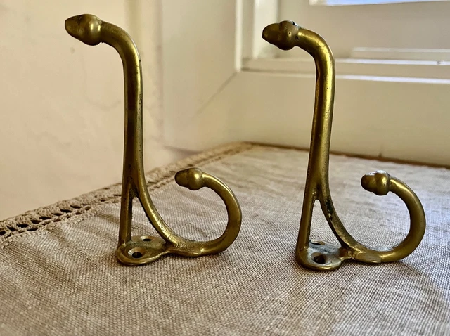 Antique Pair Solid Brass Coat, Clothes Hat Acorn Tipped Screw Mount Hook Hanger