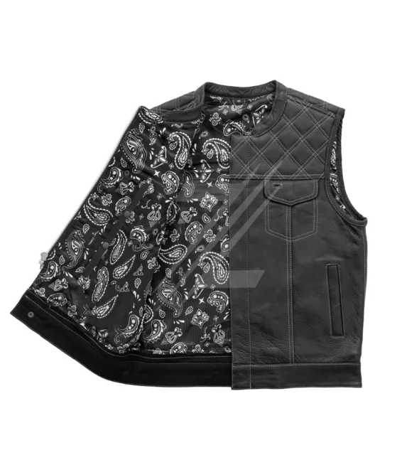 Leather Biker Vest Men's Riding Club Black/White Motorcycle Vest Diamond Quilted