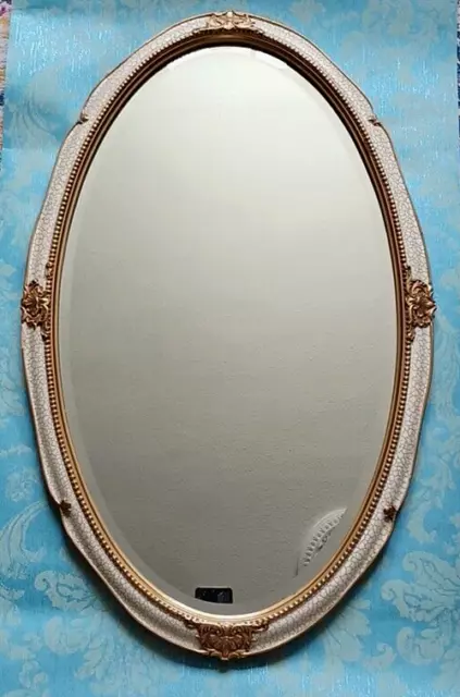 Large Vintage Oval Wall Mirror ~ French Rococo Style Cream & Gilt ~ 29" X 18"