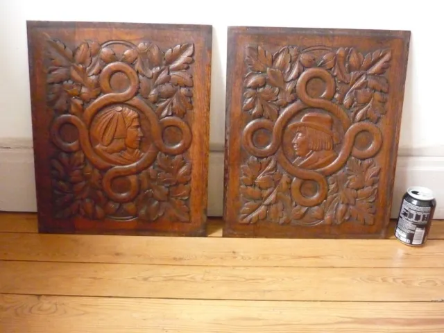 Pair Antique French hand Carved Oak  Door Panels Architectural Breton