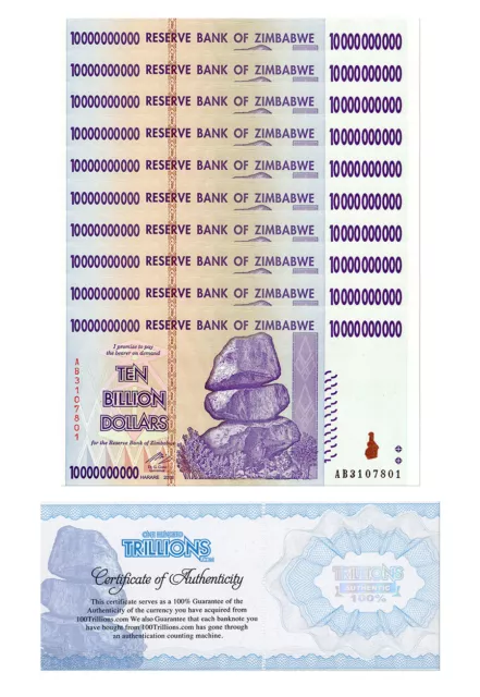 10 Zimbabwe 10 Billion banknote 2008, P-85 USED bundle CoA  Authentic trillion