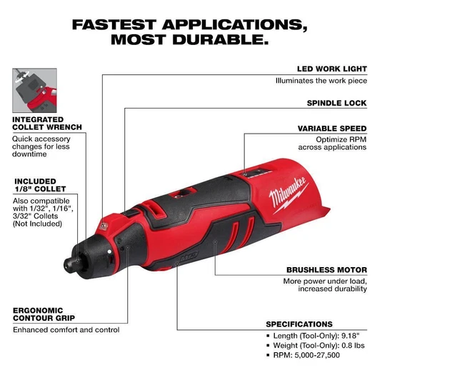 MILWAUKEE 246020 M12 12V LithiumIon Cordless 1/8" Collet Rotary Tool