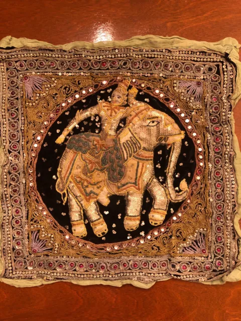 Vintage Thai Burmese Kalaga Elephant Raised Tapestry : Jewels Sequins 3D