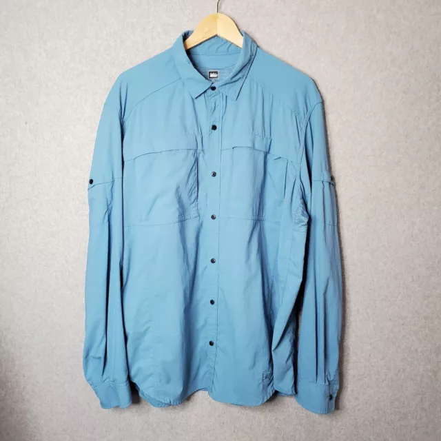 REI Men’s Fishing Outdoor Shirt Blue Long Sleeve Vented Nylon Blend Size XL