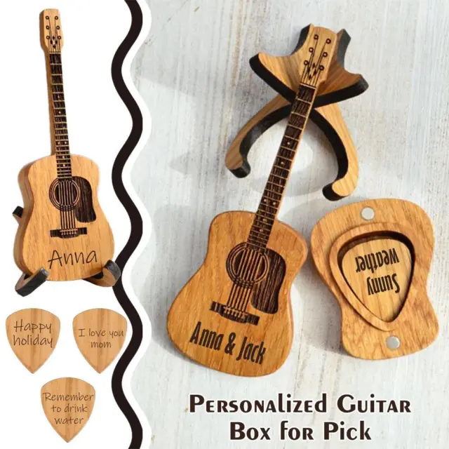 Wooden Acoustic Guitar Pick Box with Stand, Personalized Guitar Box for Pic P3G6