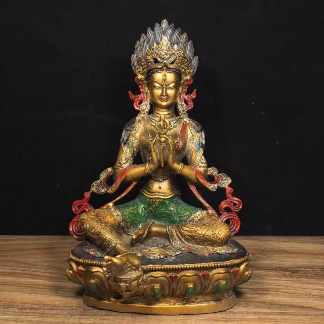 Chinese antique Pure copper painted Tibetan Buddhist green Tara ornament