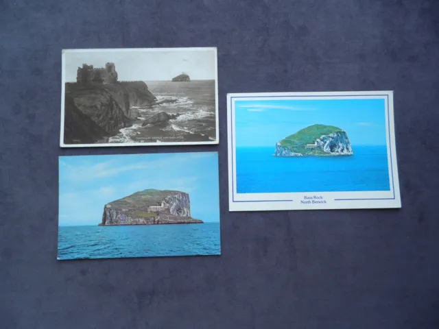 3 Postcards of The Bass Rock, off North Berwick, Lighthouse, Tantallon Castle