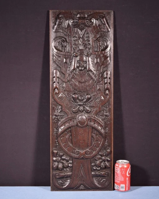 *French Antique Deeply Carved Solid Oak Wood Panel with Figure in the Center