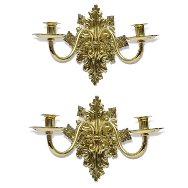 Vintage Pair of Ornate Double Arm Polished Brass Candlestick Holder Wall Sconces