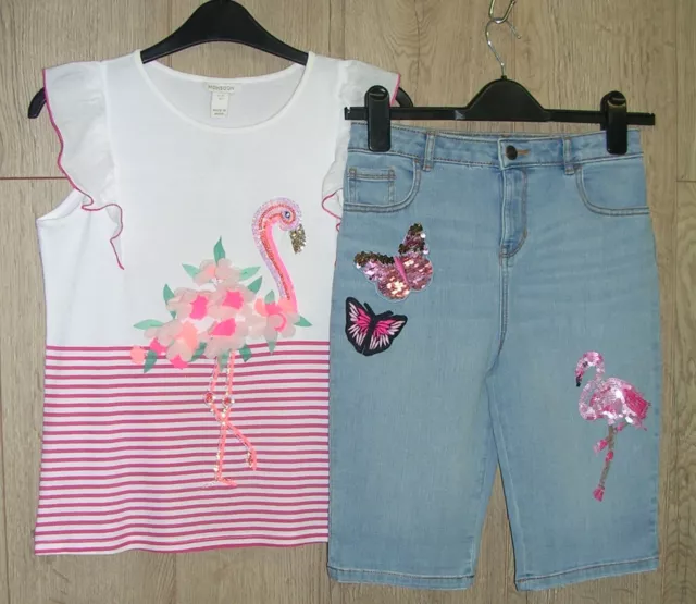 MONSOON Girls Flamingo T-Shirt Top & Matching Denim Shorts Outfit Age 12-13