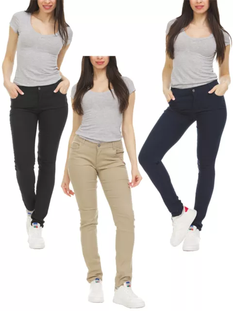 Womens Skinny Pants Stretch Chino Work School Uniform Cotton Stretch Zip Fly NEW