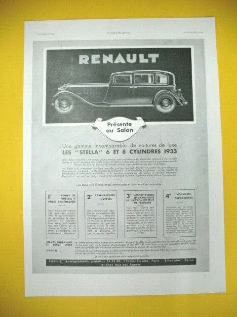 Publicite De Presse Renault Automobile Stella 6 & 8 Cyl. Gamme Incomparable 1932
