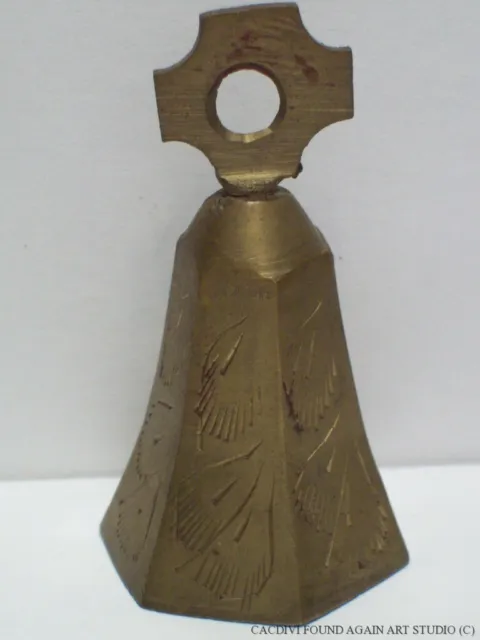 India Brass Bell 6 Panel Etched Ornate Leaf Feather Small 2 3/4" Vintage Decor