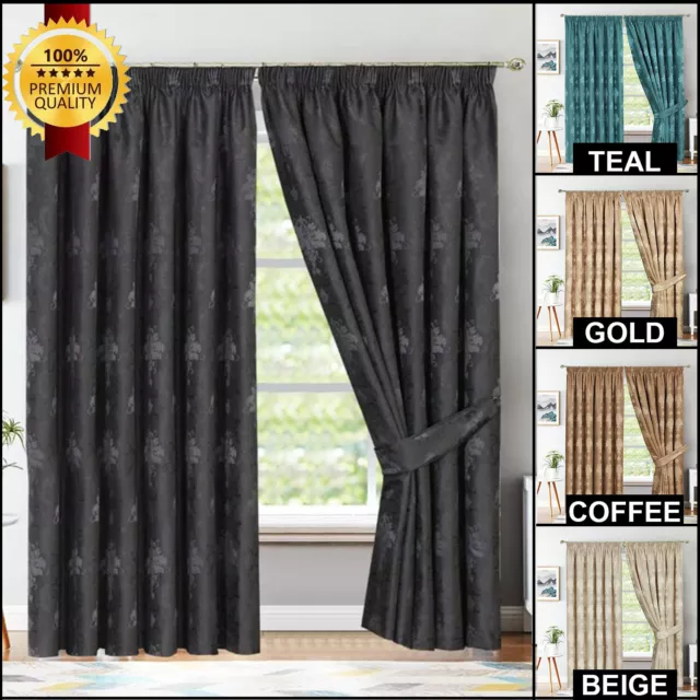 Fully Lined Jacquard Curtains Pencil Pleat Ready Made Luxury Floral Curtains