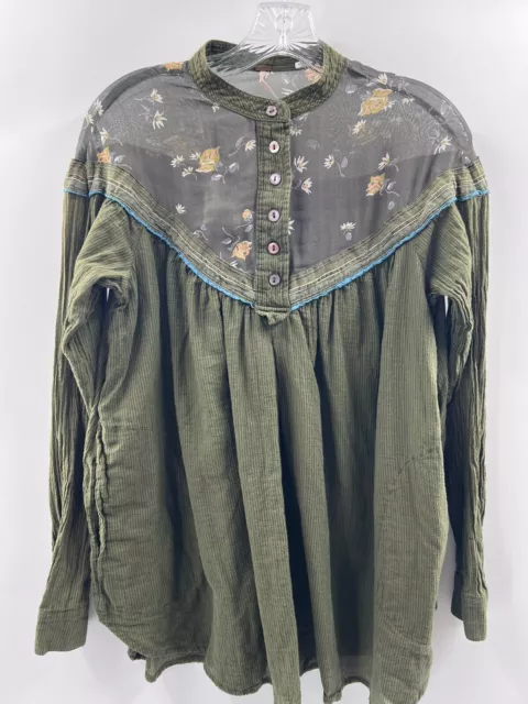 Free People Women’s Long Sleeve Hearts & Colors Olive Top Pockets Size XS