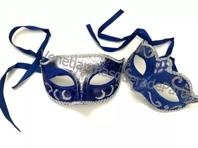 Silver Blue Masquerade Ball mask pair Halloween Costume Carnival Dance Party