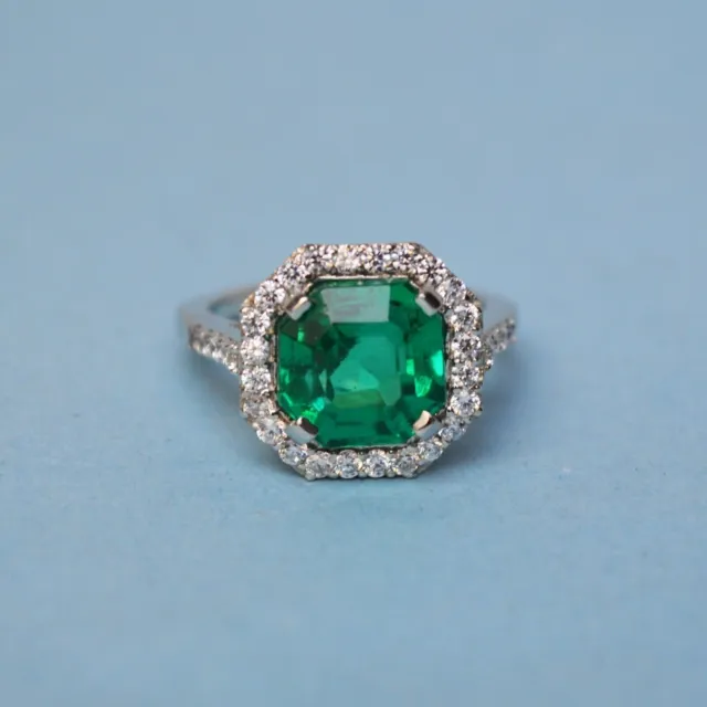 925 Sterling Silver Natural Certified 4 Ct Emerald Octagon Shape Engagement Ring