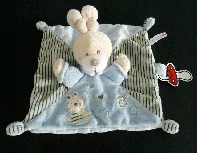 Z12. DOUDOU PLAT NICOTOY LAPIN BLEU RAYE ABC oreilles nouées at. tétine - NEUF