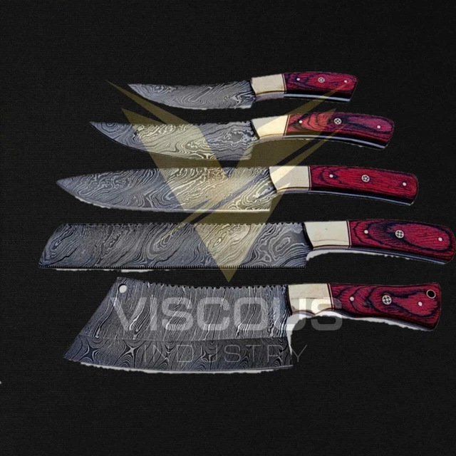 Custom made/Damascus chef knife set/ Wood & Steel On Handle with leather sheath